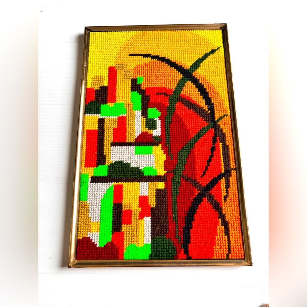 Vintage Retro Needlepoint Framed Tapestry Colorful